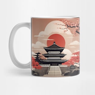 Japanese temple with red sun Mug